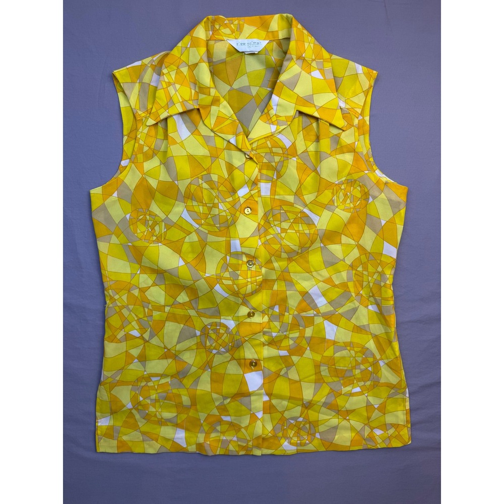 Vintage Alex Colman California Sleeveless Blouse Yellow Psychedelic Geometric L